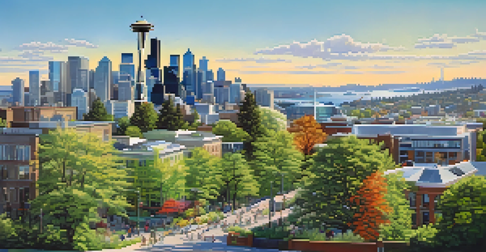 A colorful Seattle cityscape highlighting green parks, modern buildings with solar panels, and people enjoying outdoor activities under a sunny sky.