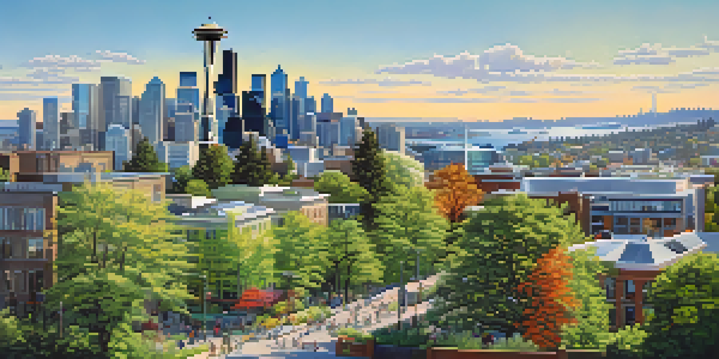A colorful Seattle cityscape highlighting green parks, modern buildings with solar panels, and people enjoying outdoor activities under a sunny sky.