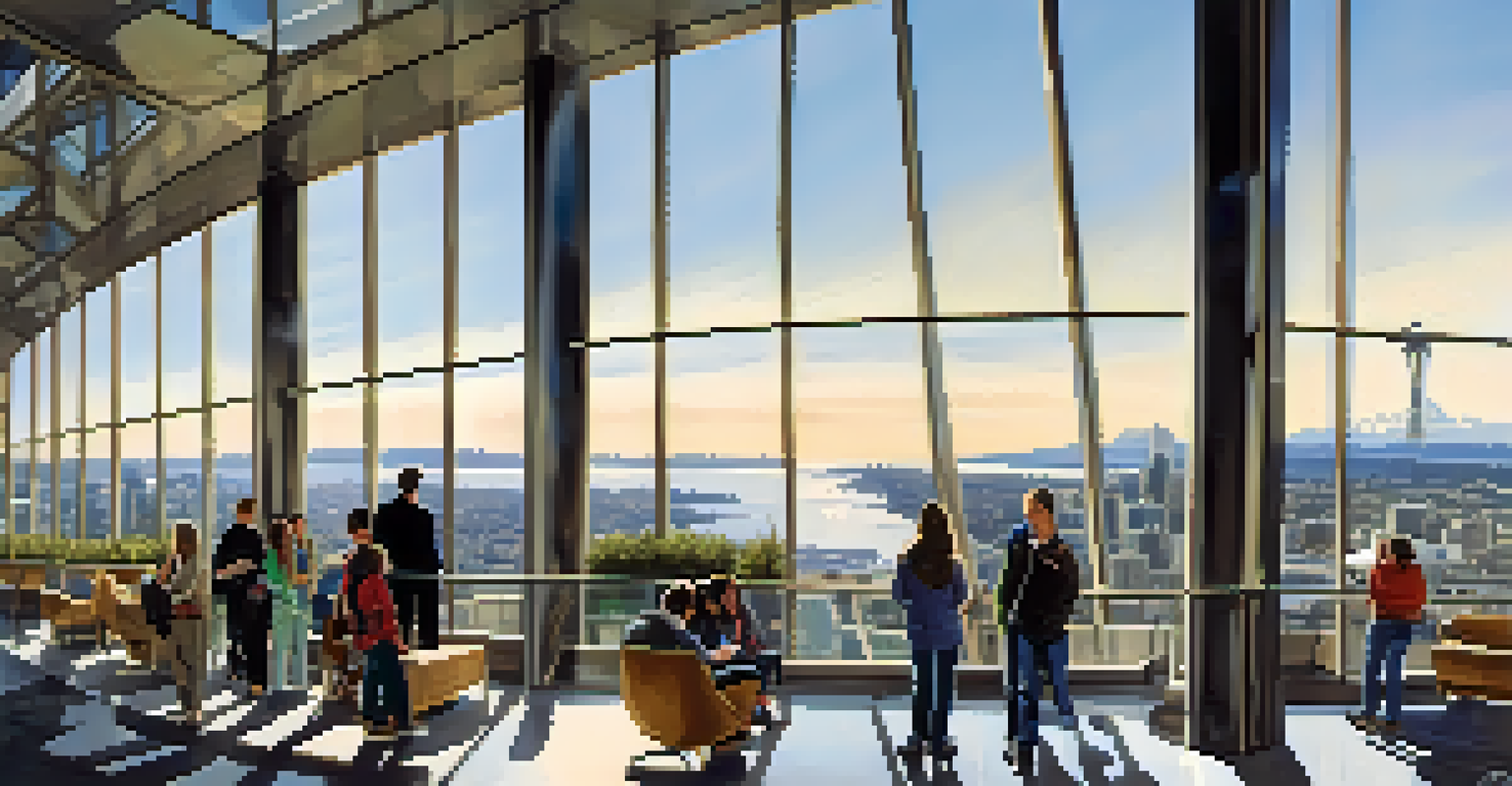 Interior view of Space Needle observation deck with panoramic city views through glass windows.