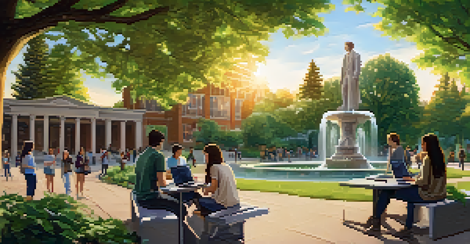 Students studying sustainability initiatives outdoors at the University of Washington, surrounded by greenery and the Drumheller Fountain in the background during sunset.