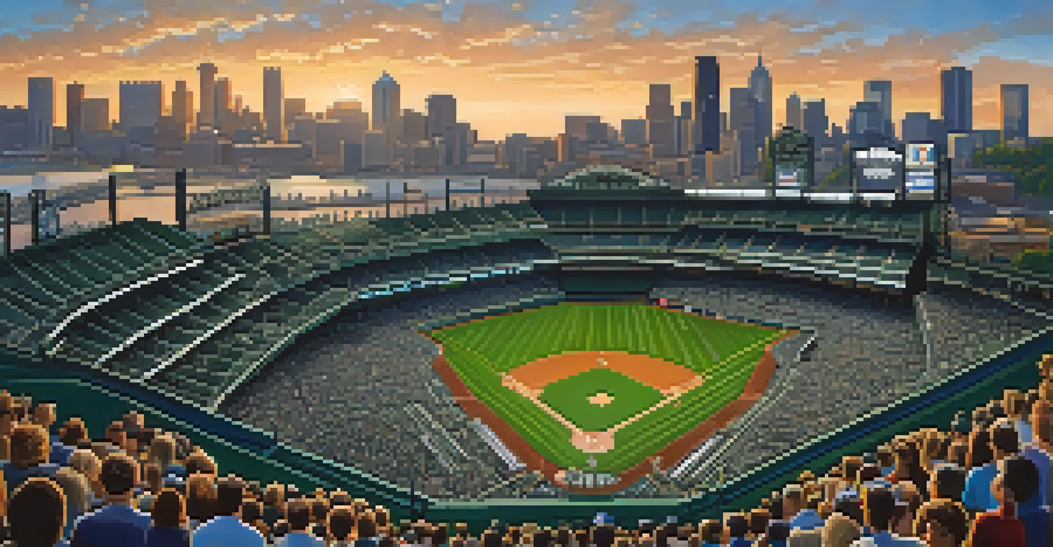 Aerial view of Safeco Field with fans in the stands during a Mariners game, showcasing a beautifully lit sunset over the field.