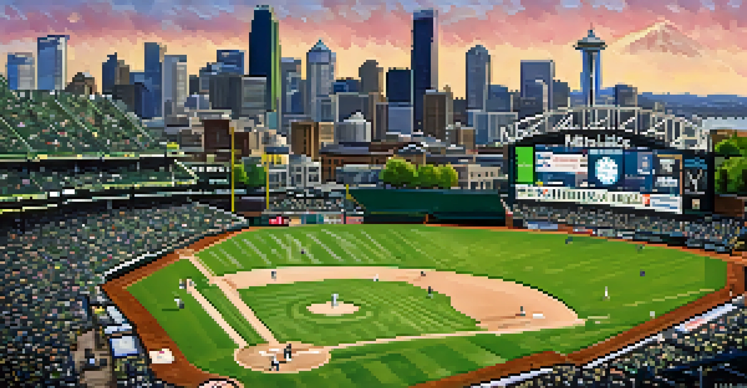 Aerial view of T-Mobile Park filled with Seattle Mariners fans, with the Seattle skyline in the background during a baseball game.