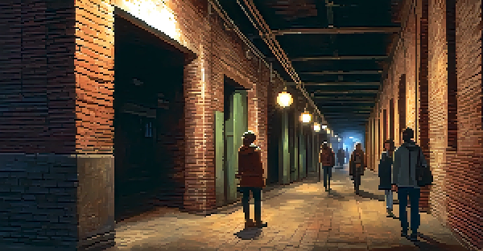 A group of tourists exploring a dimly lit underground tunnel in Seattle, surrounded by vintage brick walls and old storefronts.