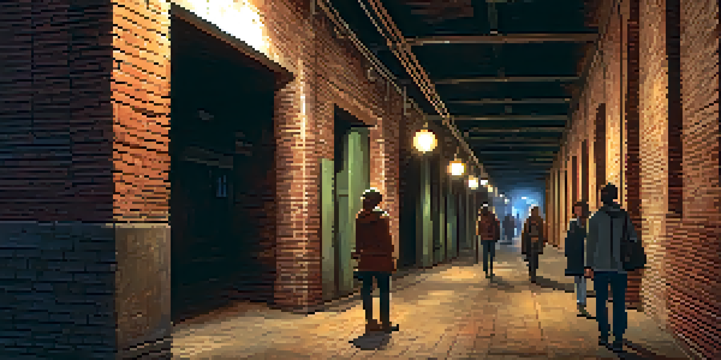 A group of tourists exploring a dimly lit underground tunnel in Seattle, surrounded by vintage brick walls and old storefronts.