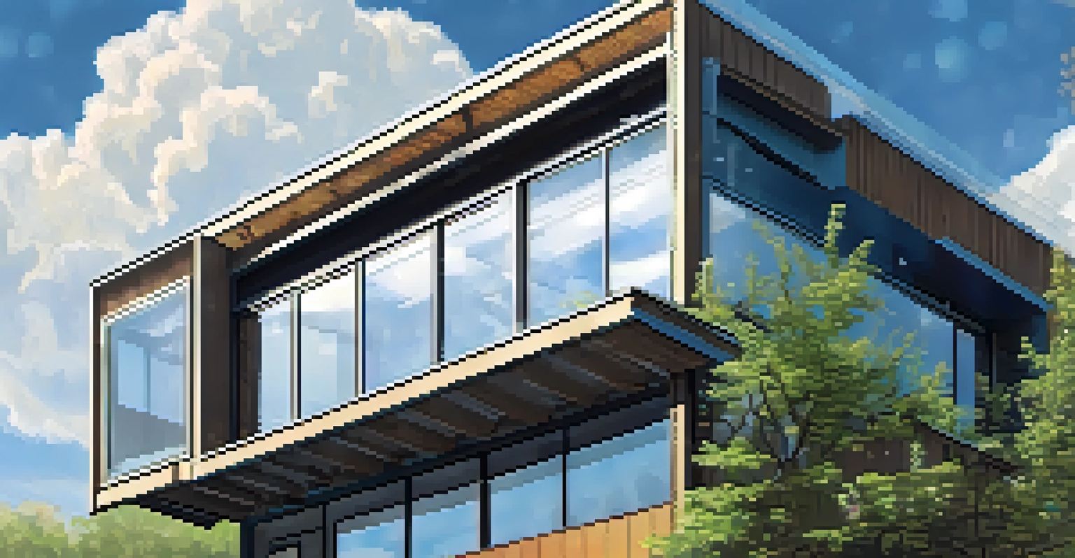 A rainwater harvesting system on a modern Seattle building with water droplets collecting in a container and greenery in the background.