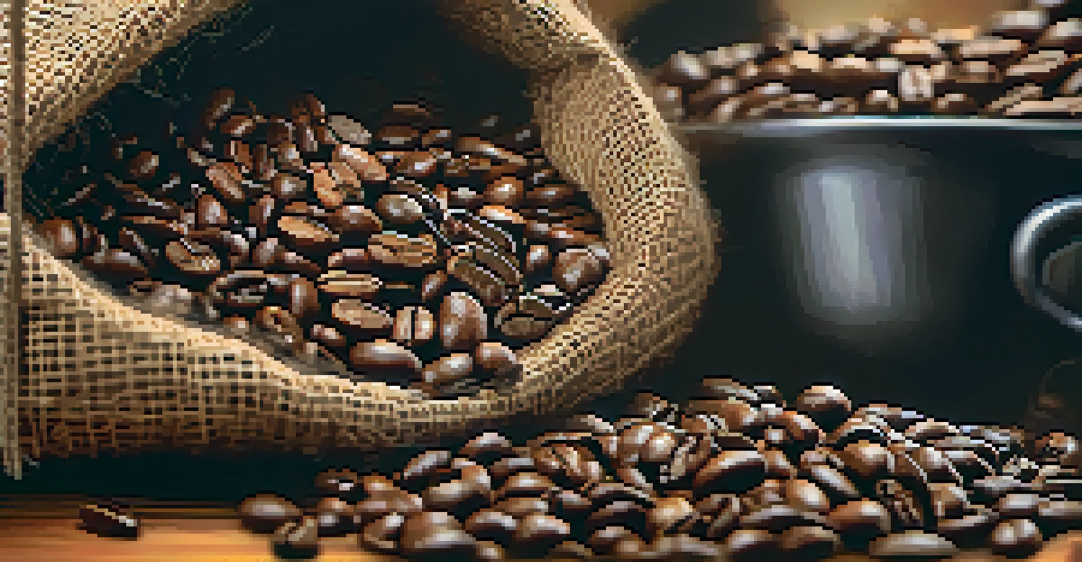 Close-up of freshly roasted coffee beans in a burlap sack with a wooden scoop, blurred coffee roaster in the background.