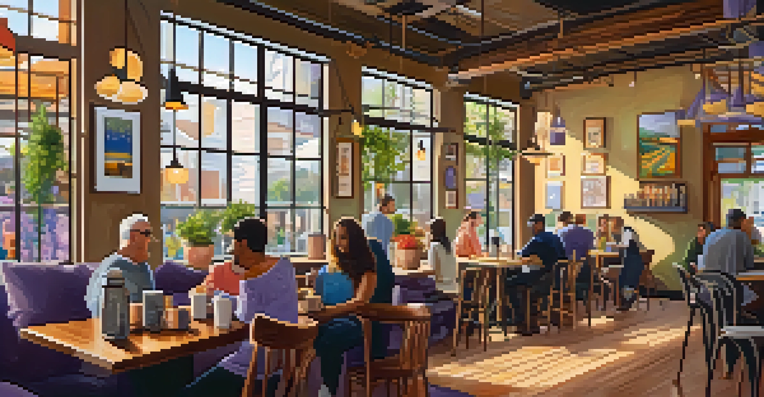Interior of a cozy coffee shop with art on the walls, customers enjoying colorful specialty lattes at wooden tables.