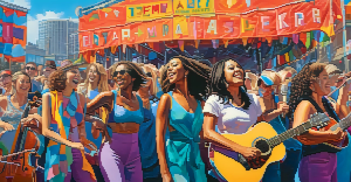 A lively outdoor music festival in Seattle with female musicians on stage and a diverse audience.