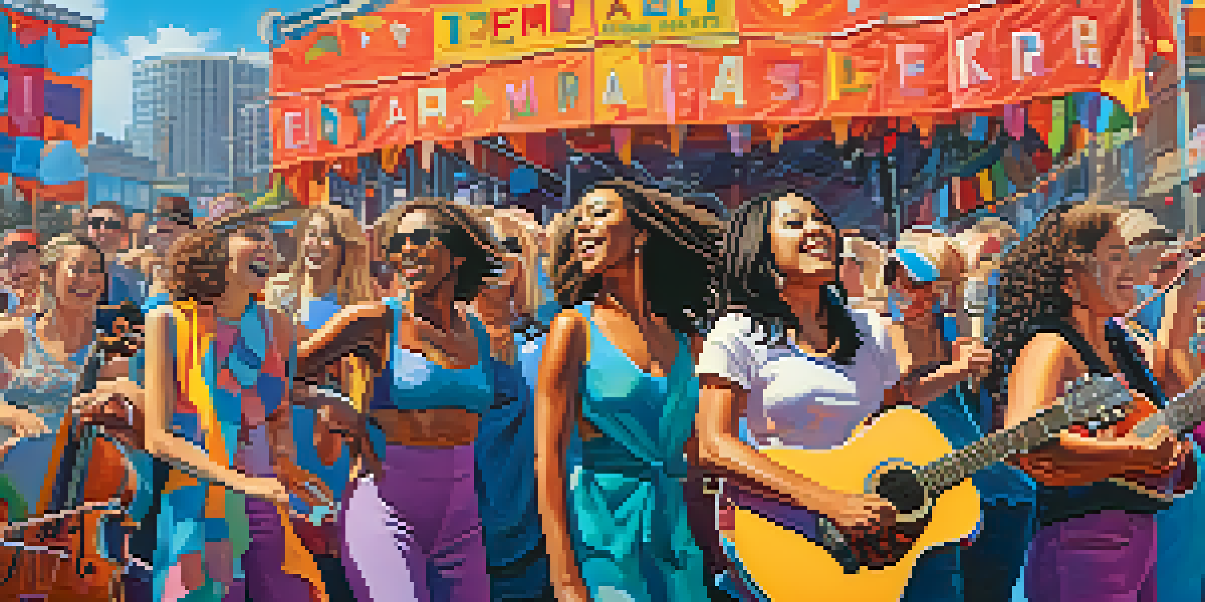 A lively outdoor music festival in Seattle with female musicians on stage and a diverse audience.