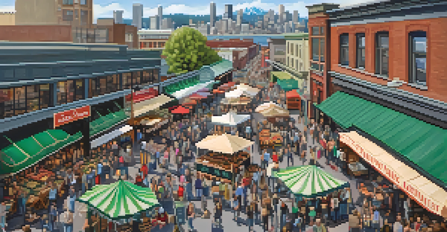 An aerial view of a lively market festival with food stalls, craft booths, and live music against a city skyline.
