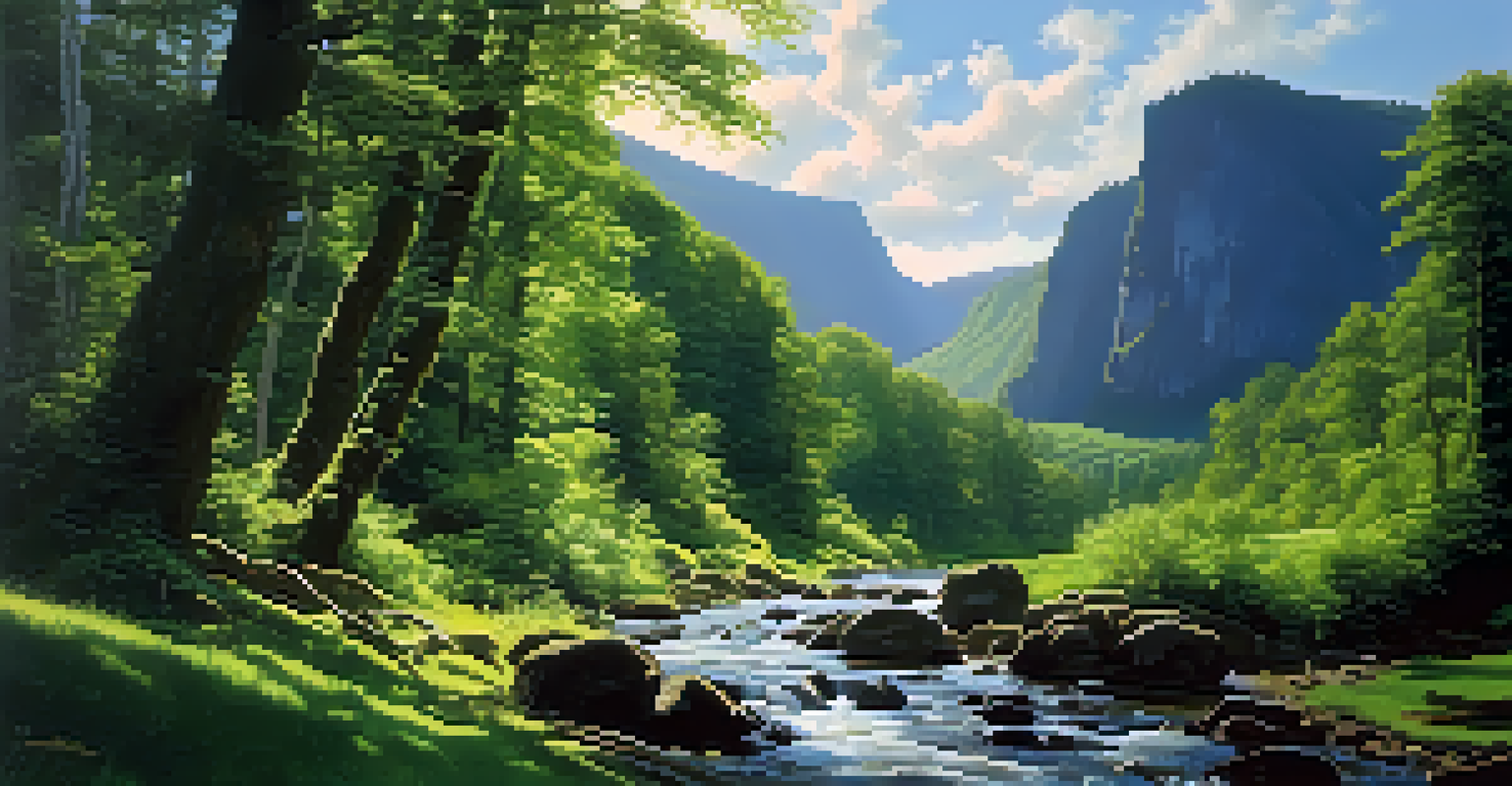 A scenic view of a winding river flowing through a green valley, with sunlight filtering through the trees and towering cliffs in the background against a blue sky.