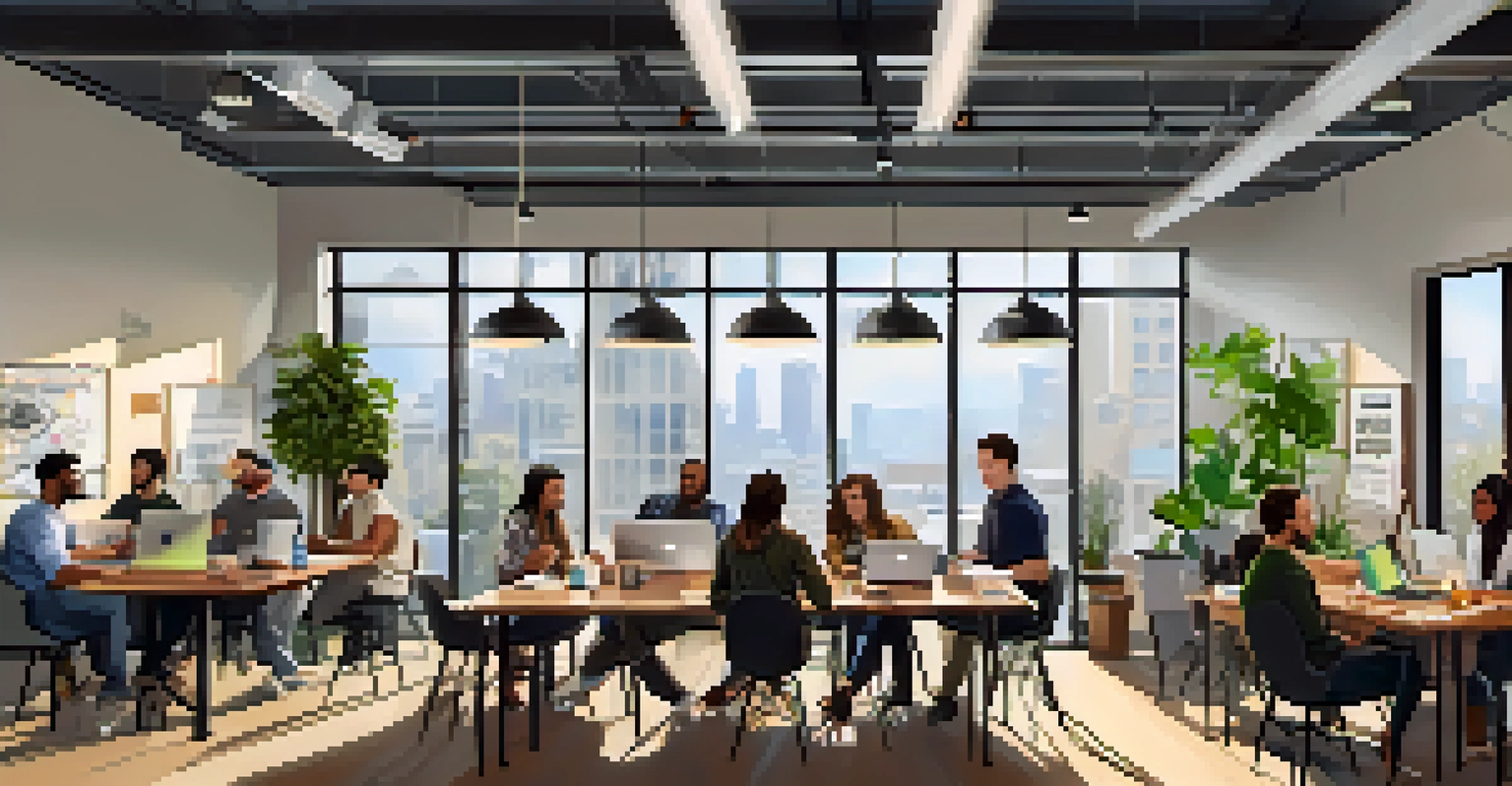 A vibrant startup incubator in Seattle, showing diverse entrepreneurs working together at a large table with laptops and coffee.