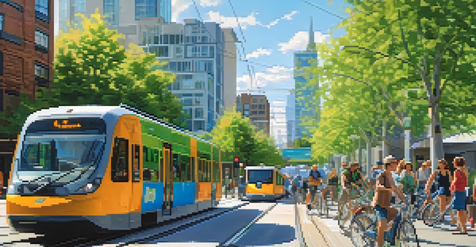 A busy Seattle street with people biking and walking, along with a light rail train in the background, surrounded by greenery and modern buildings.