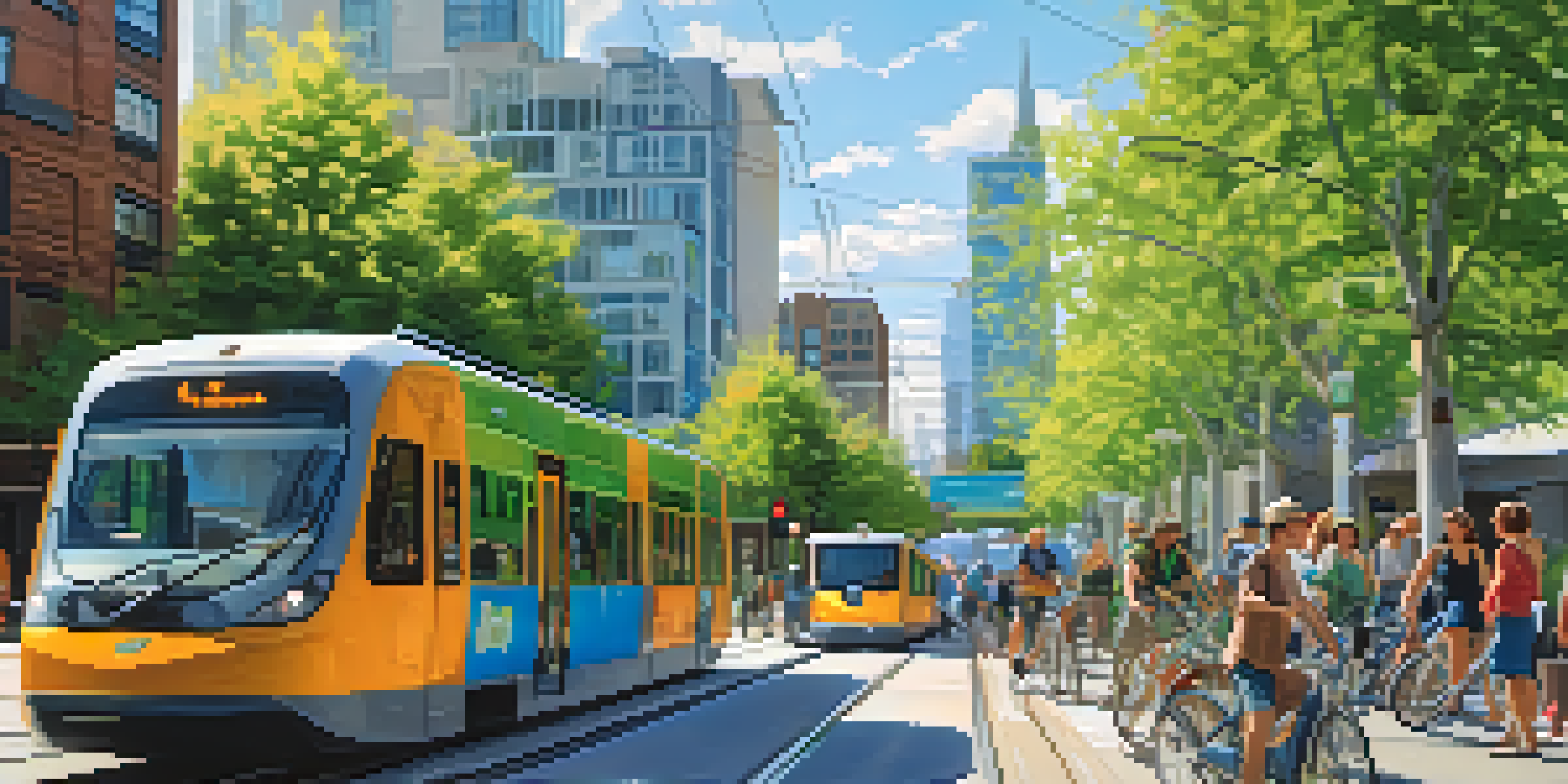 A busy Seattle street with people biking and walking, along with a light rail train in the background, surrounded by greenery and modern buildings.