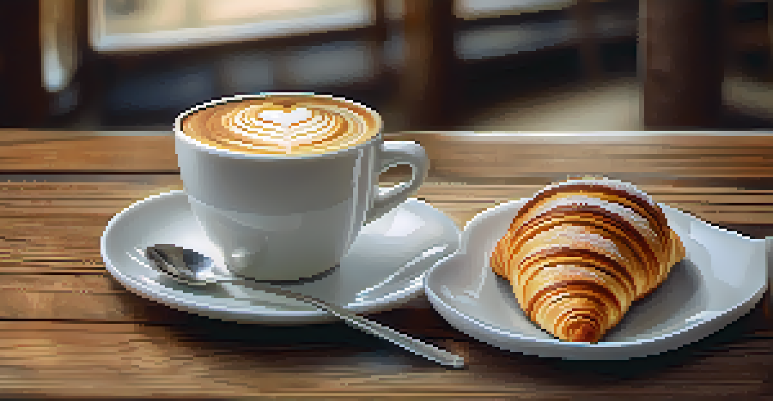 A close-up of a latte with intricate art on top, accompanied by a chocolate croissant on a wooden table, illuminated by natural light.
