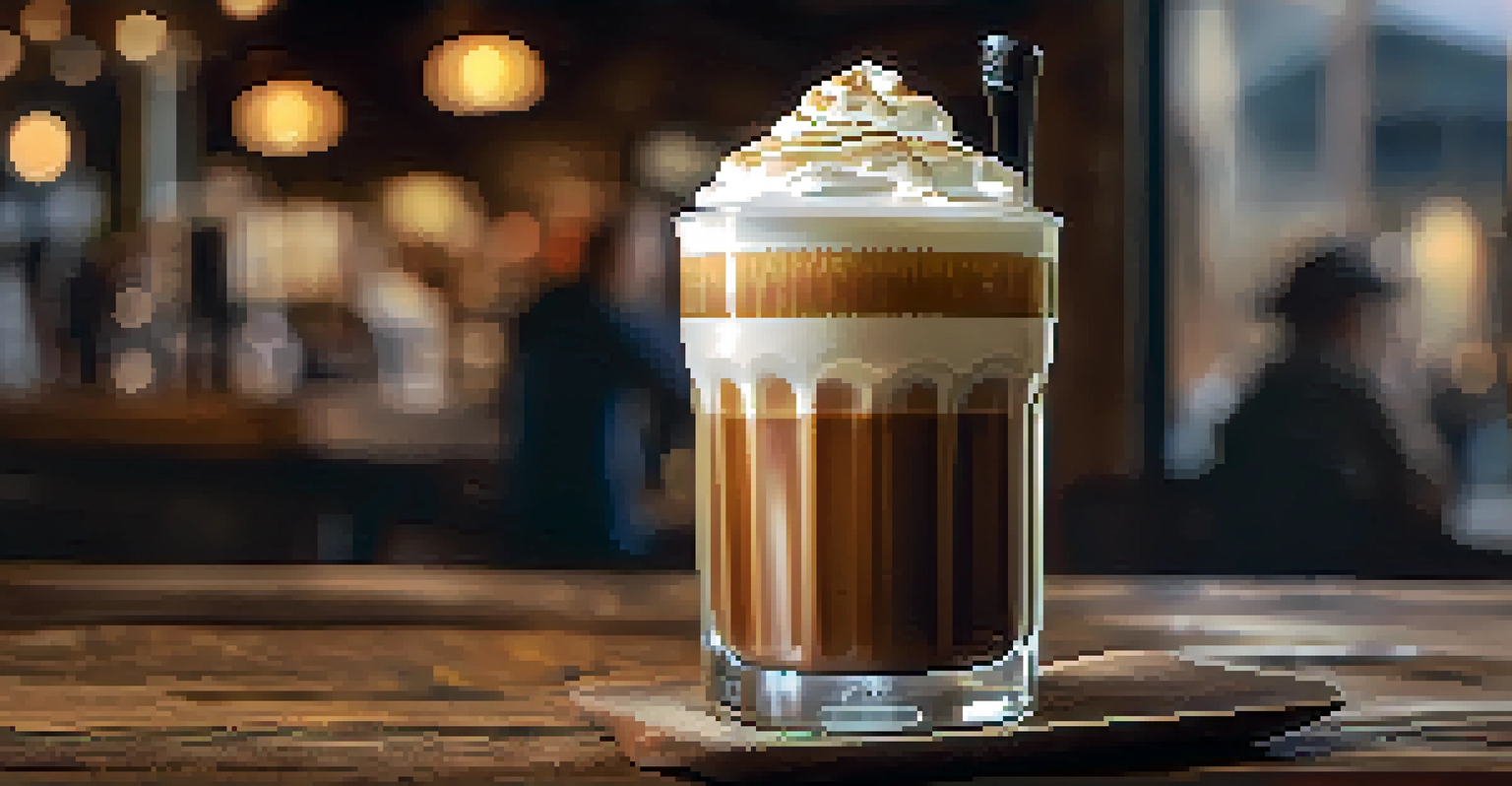 A close-up of nitro coffee with creamy froth in a clear glass on a wooden table, with a blurred coffee shop background.