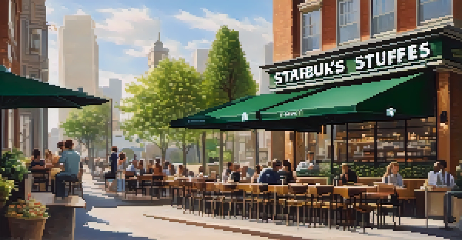 Outdoor Starbucks cafe with customers at patio tables, surrounded by greenery and city skyline.