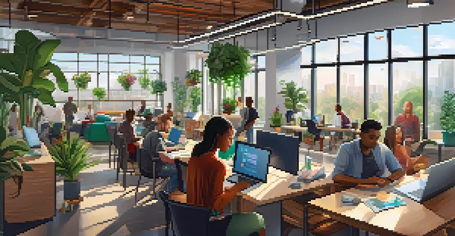 A modern co-working space with diverse tech professionals collaborating, filled with plants and colorful artwork.