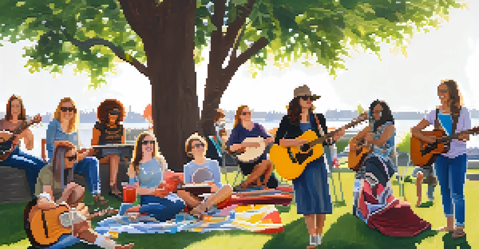 A community music workshop with women collaborating and sharing instruments in a sunny park in Seattle.