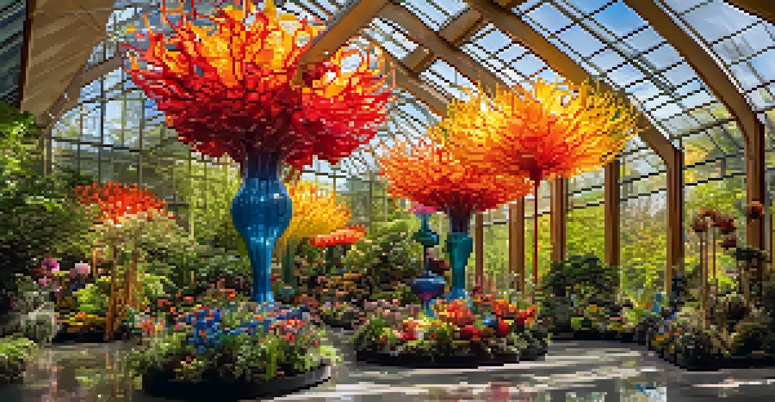 Interior view of the Glasshouse filled with colorful glass blossoms, illuminated by sunlight, showcasing intricate glass art.