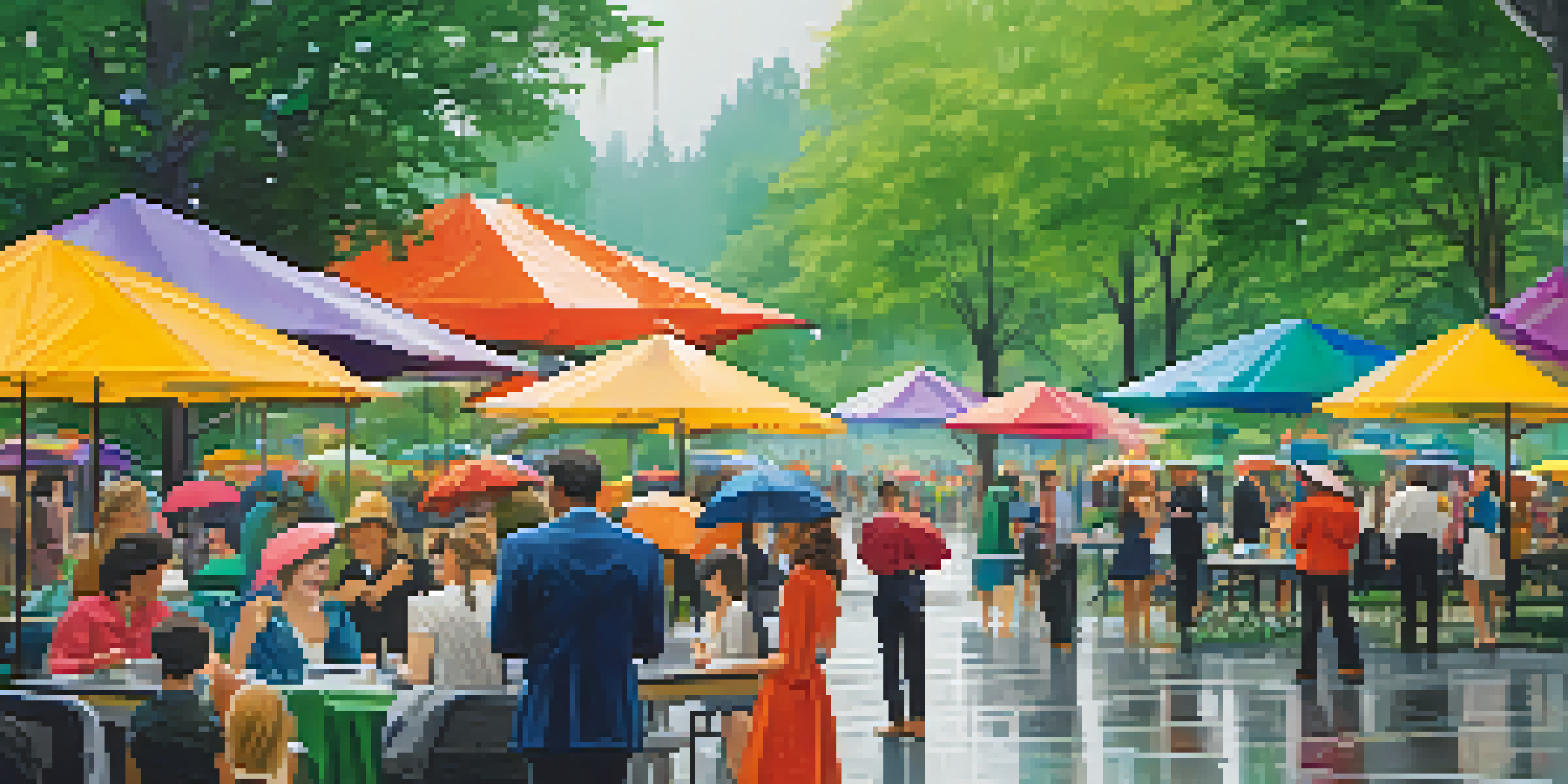 Guests at an outdoor event in Seattle, enjoying activities under colorful umbrellas while soft rain falls around them.