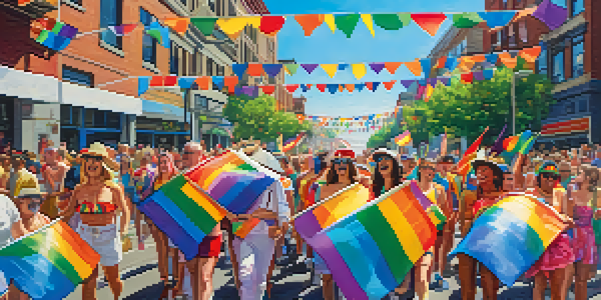 A lively street filled with people in colorful costumes celebrating Seattle's Pride Parade, with rainbow flags and decorated floats in the background.