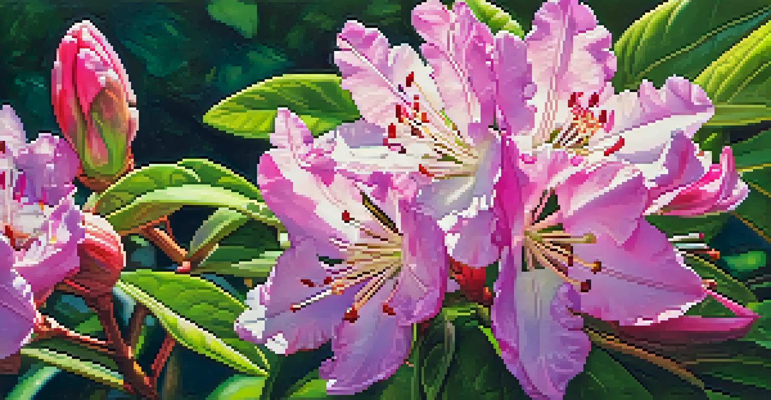 A close-up of a blooming Pacific rhododendron with pink flowers and green leaves, illuminated by soft sunlight.