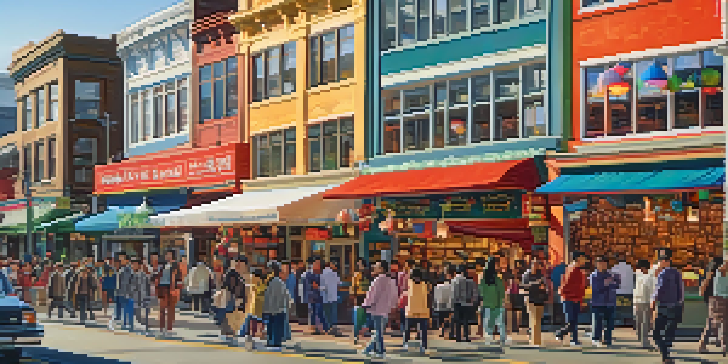 A lively street scene in Seattle's International District, filled with colorful storefronts and diverse people celebrating together.