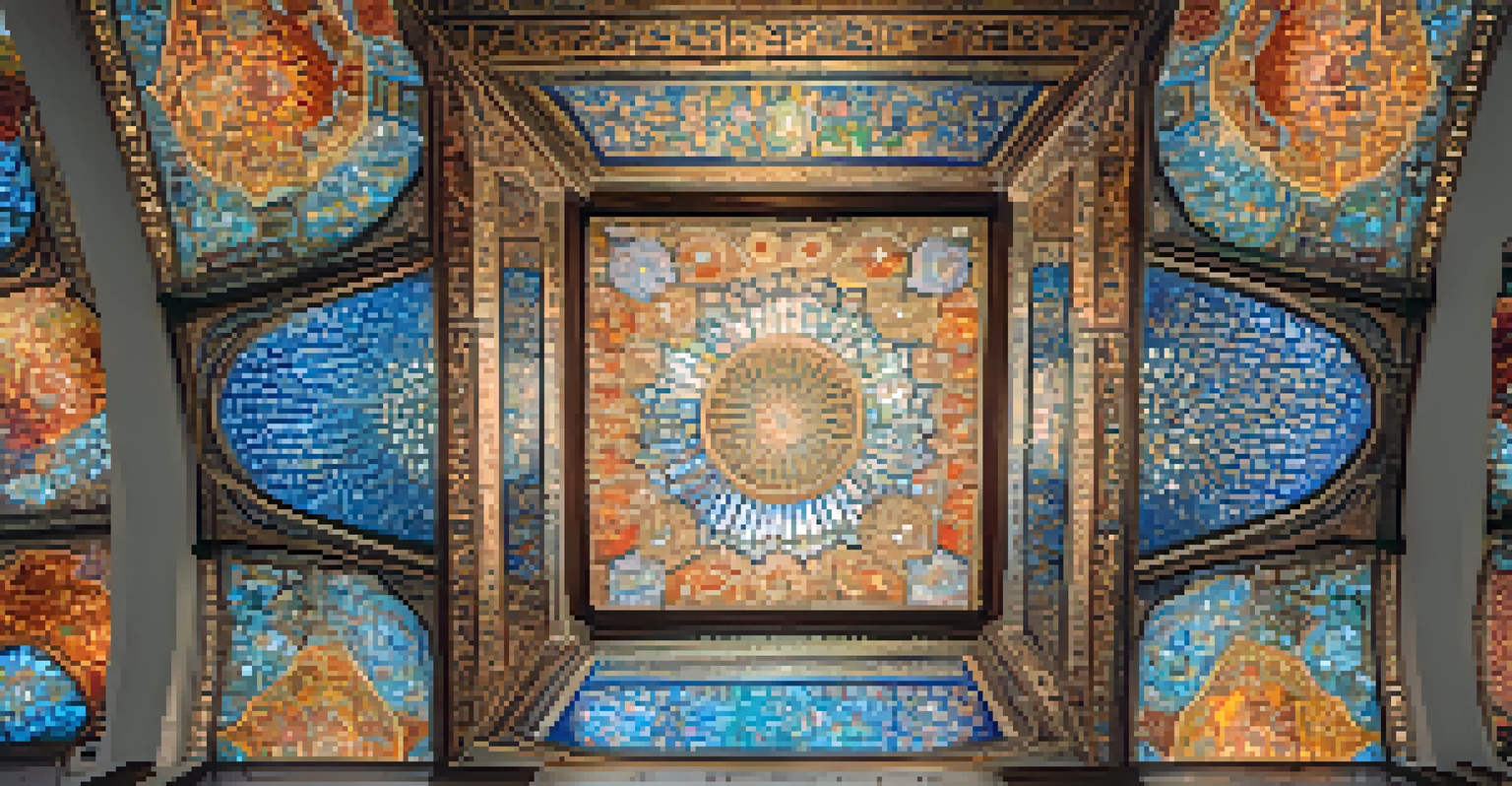 Overhead view of the Persian Ceiling installation with colorful glass pieces, visitors lying on the ground admiring the artwork above.