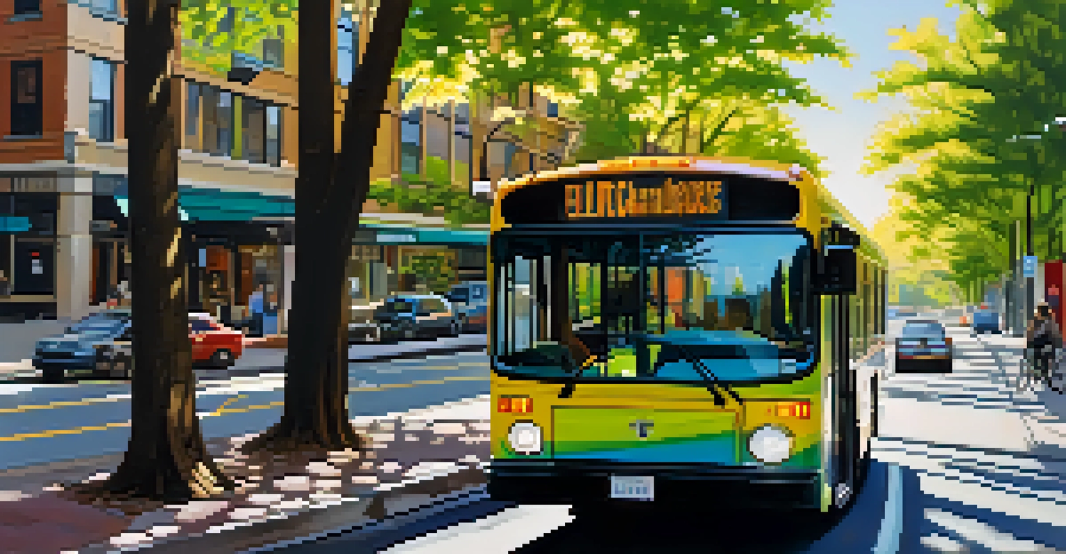 An electric bus on a tree-lined street in Seattle, surrounded by greenery and residents enjoying a peaceful day.