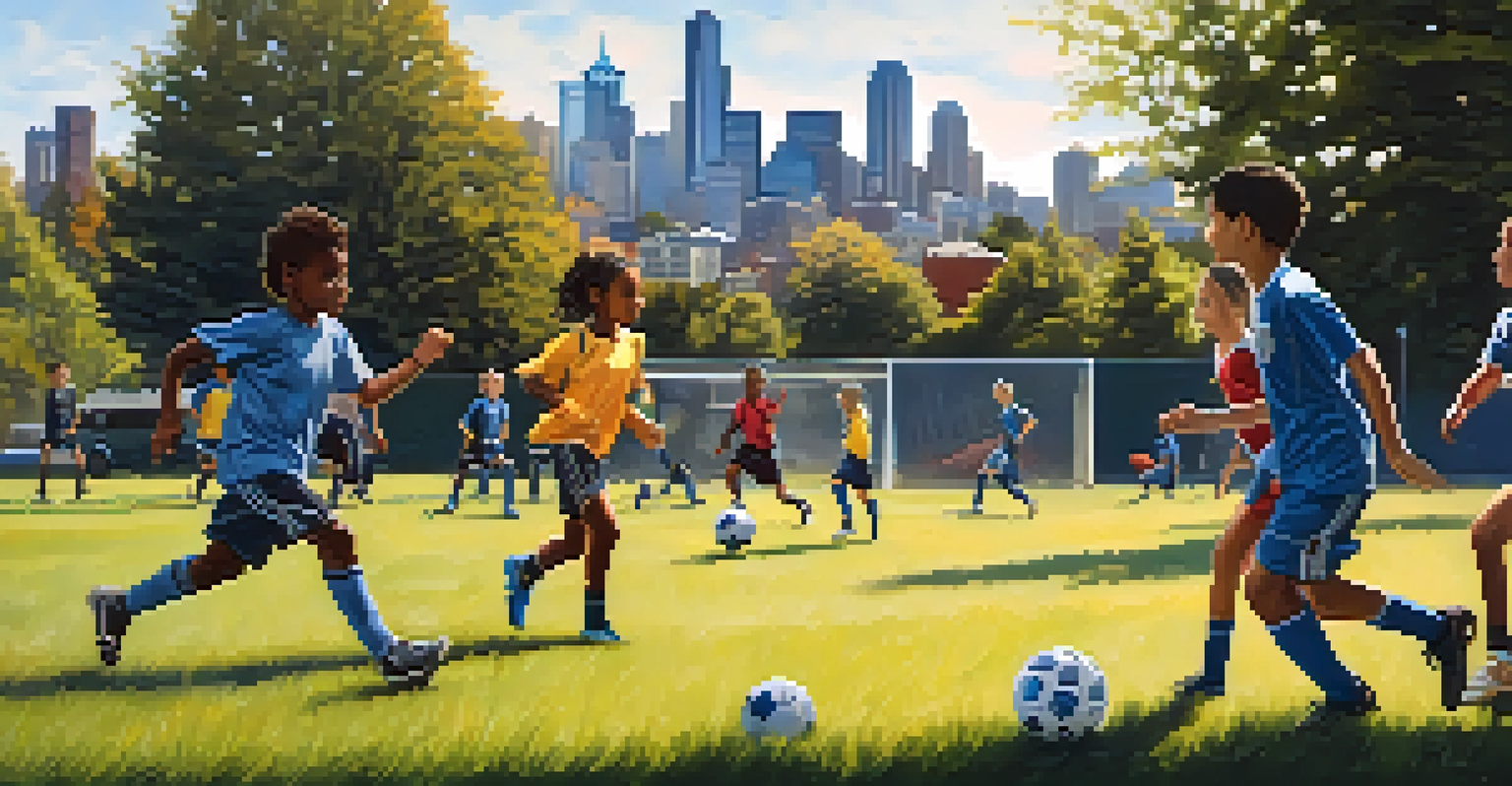 A diverse group of young soccer players practicing together on a sunny field in Seattle, showcasing teamwork and community spirit.
