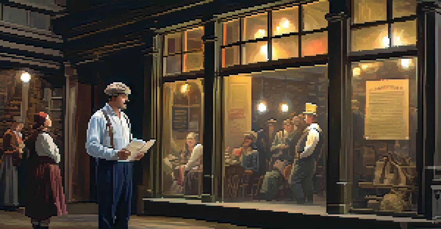 A tour guide in period attire sharing stories with tourists in Seattle's underground, surrounded by historical artifacts.