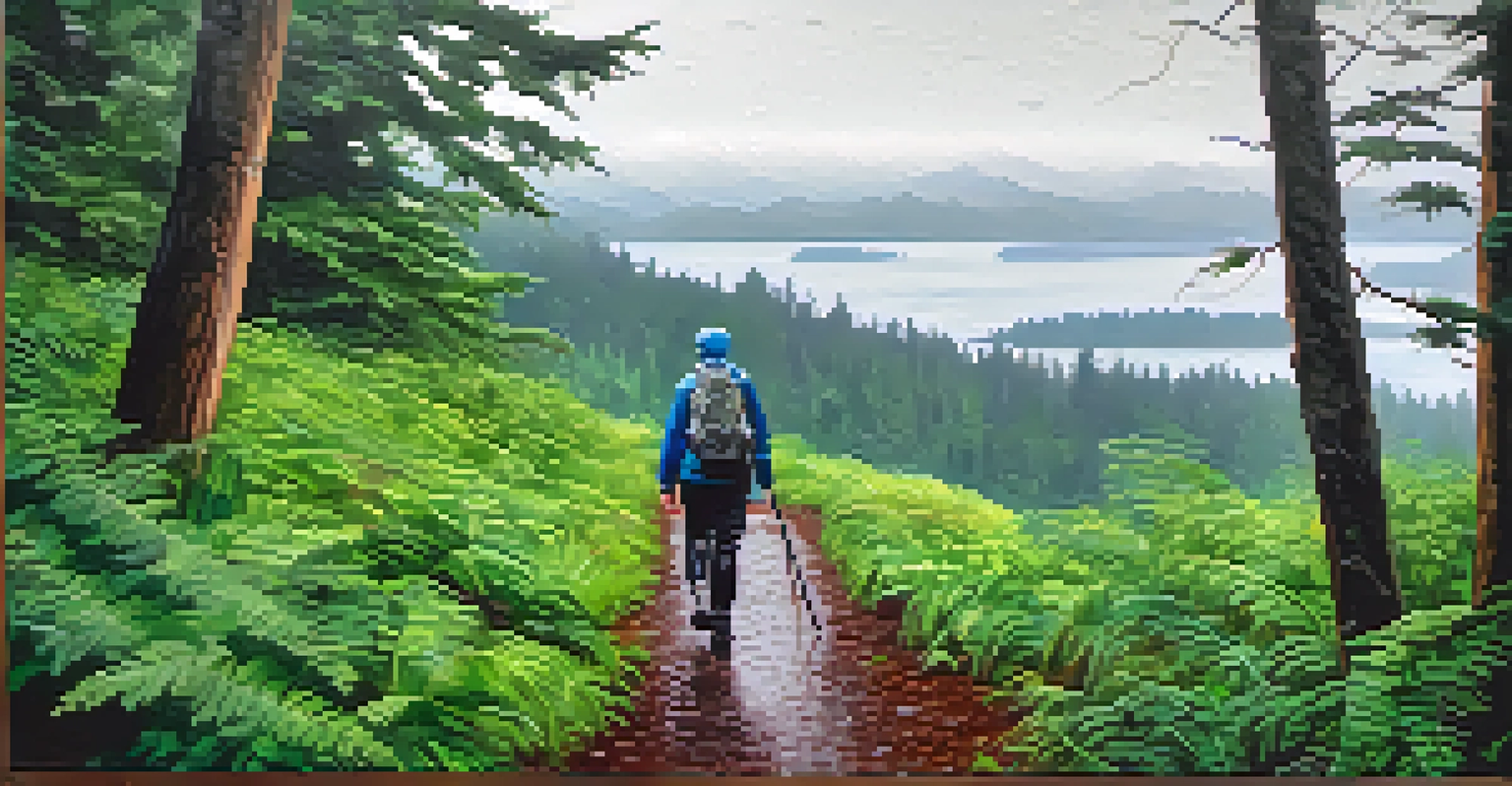 A hiker on a green trail in Discovery Park, Seattle, enjoying the view in the rain.