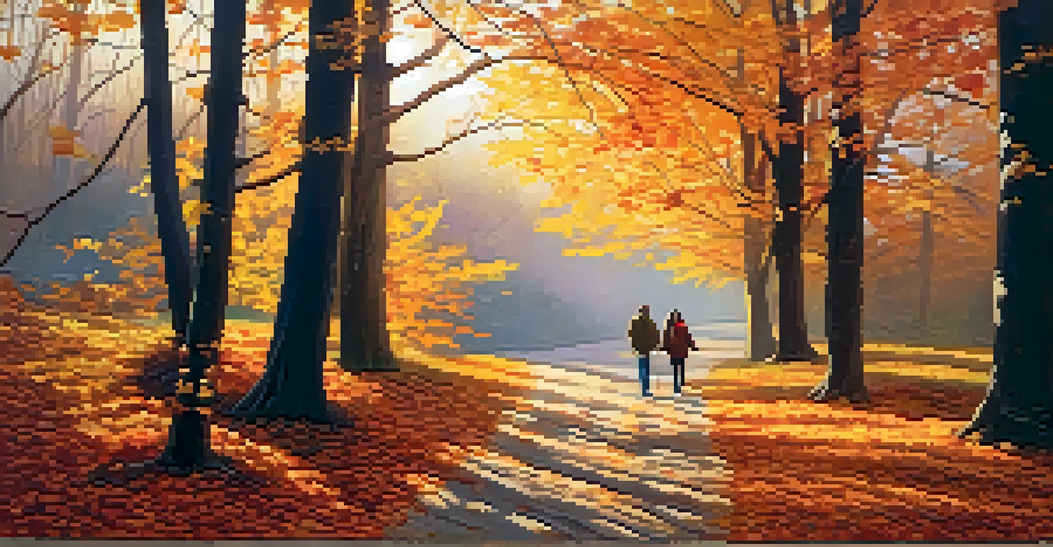 A scenic autumn trail with a couple walking on a carpet of colorful leaves under a golden sunset.