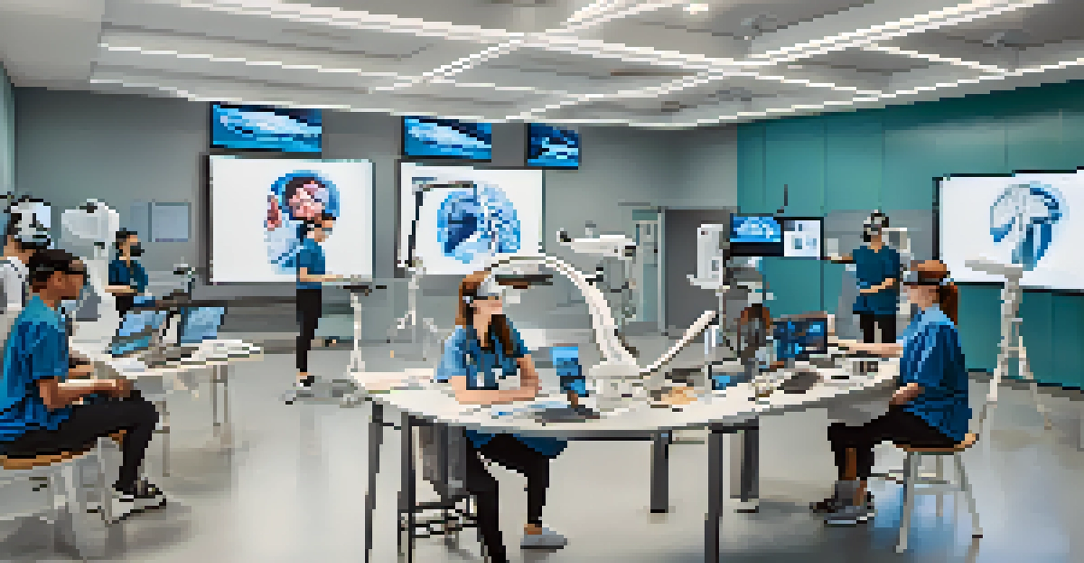 Medical students using virtual reality headsets to practice surgical procedures in a modern classroom setting.