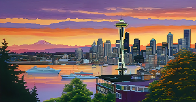 A sunset view of Seattle's skyline with the Space Needle, colorful clouds, and greenery in the foreground.