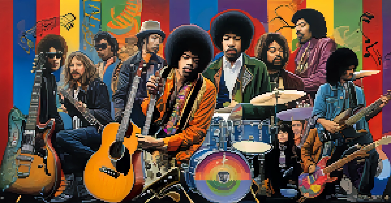 A colorful collage of iconic Seattle musicians and bands, representing the city's diverse music history with musical notes in the background.