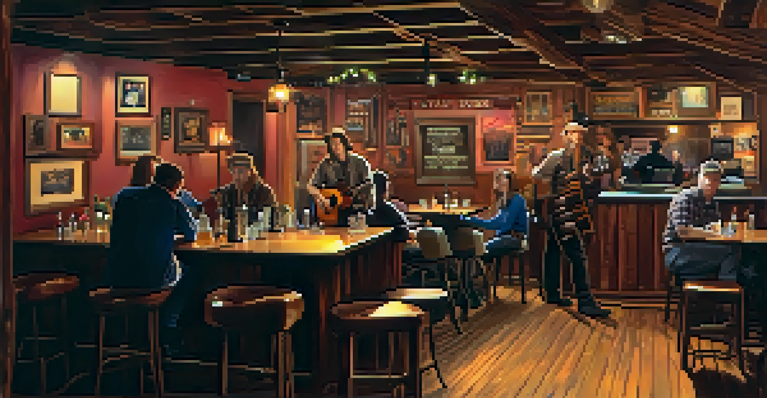 The cozy interior of The Tractor Tavern with rustic decor, a stage set for a live performance, and patrons enjoying drinks.
