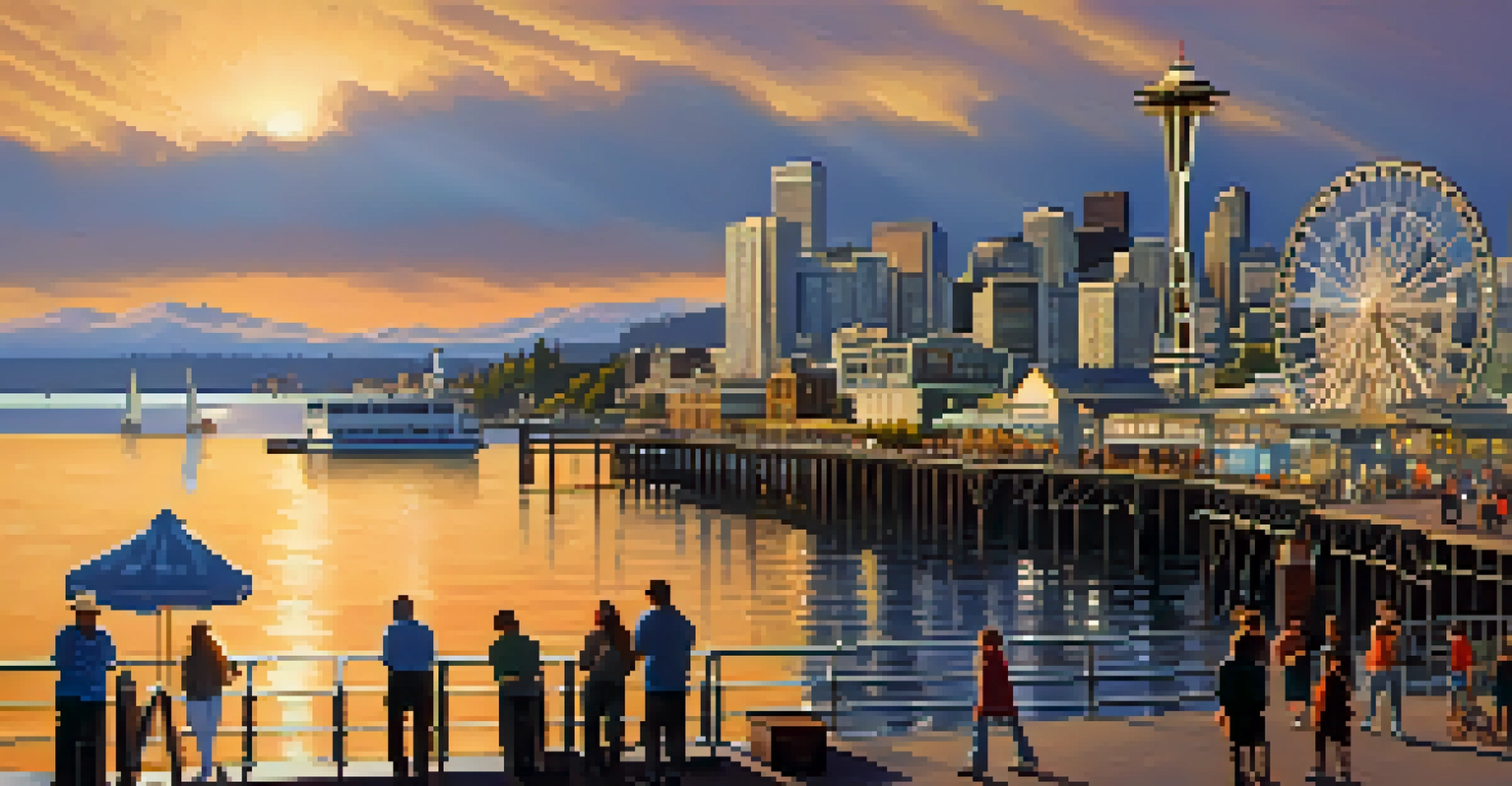 A lively scene at the Seattle Waterfront with the Great Wheel and sunset over the Puget Sound.
