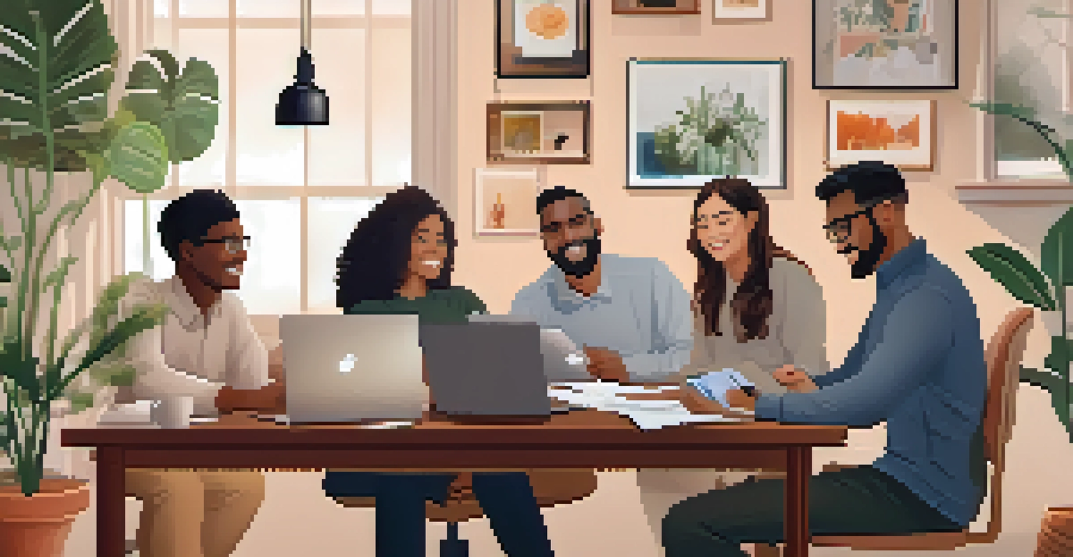 Diverse professionals engaged in a video call in a cozy home office setting, with personal decor and warm lighting.