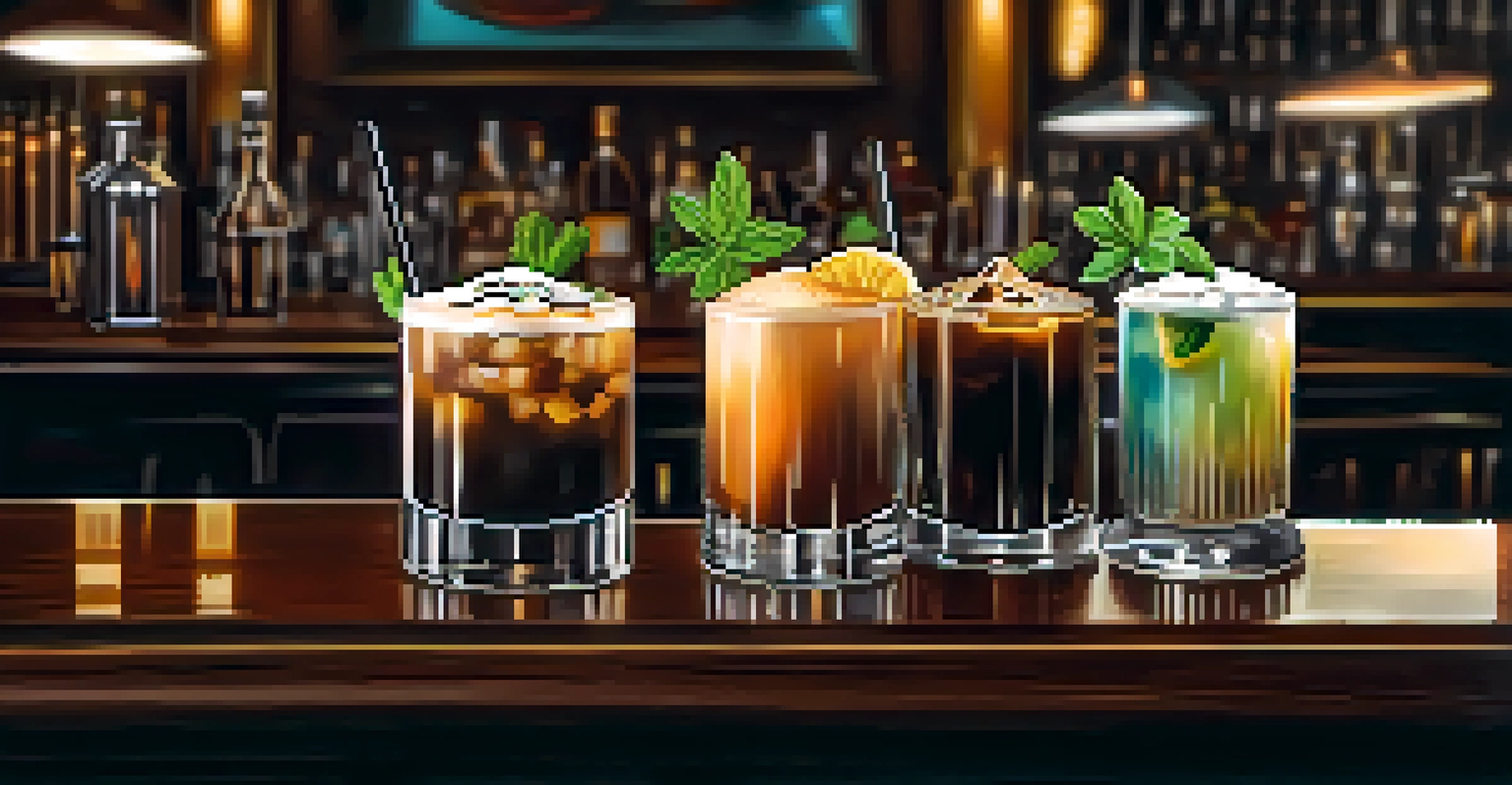 A bar with two coffee cocktails, an espresso martini and a cold brew tonic, garnished with herbs and citrus slices.