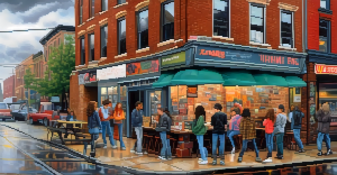 A vibrant Seattle street scene from the 1990s filled with young people in grunge fashion, graffiti walls, and vintage shops under a cloudy sky.