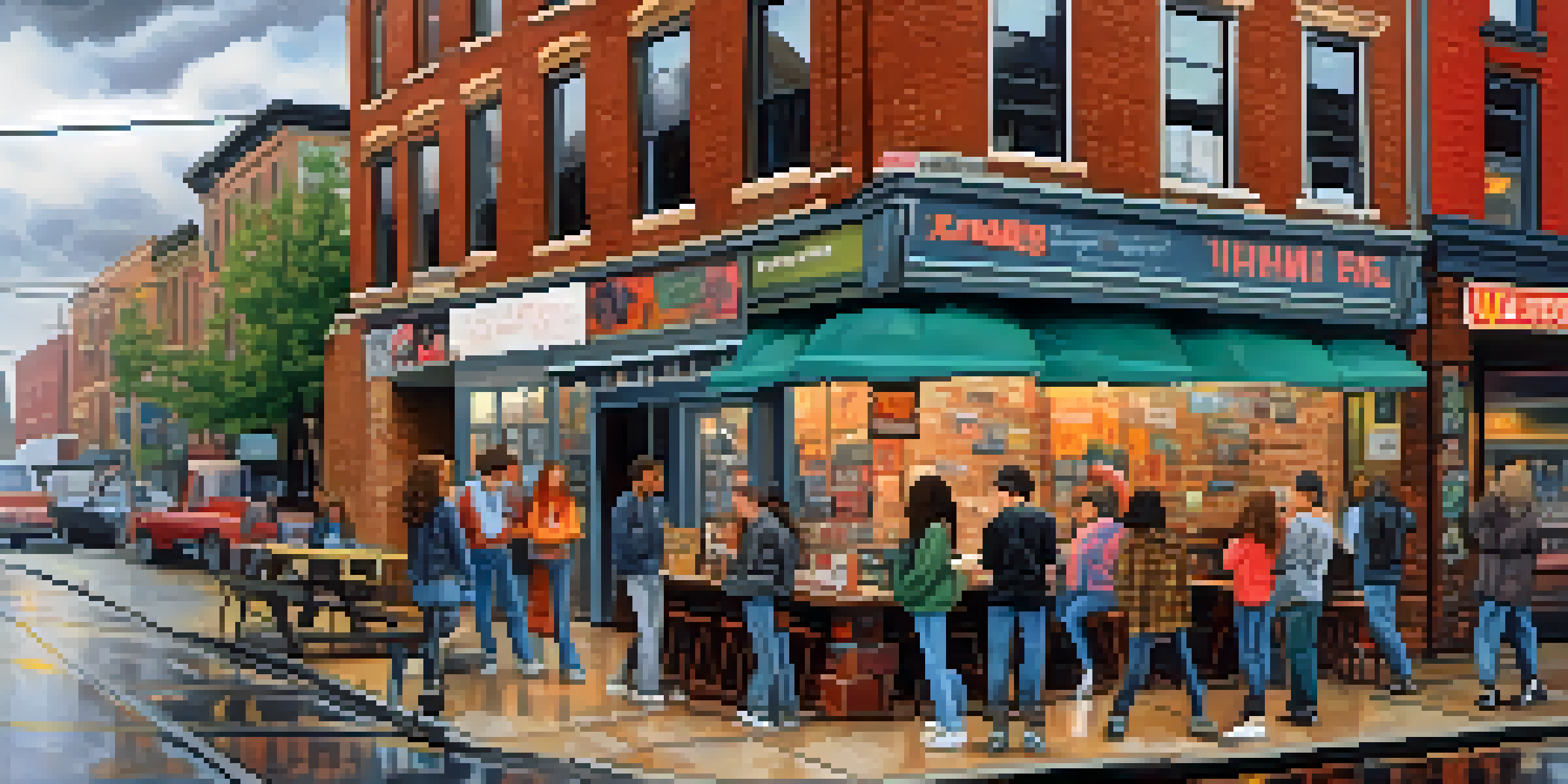 A vibrant Seattle street scene from the 1990s filled with young people in grunge fashion, graffiti walls, and vintage shops under a cloudy sky.