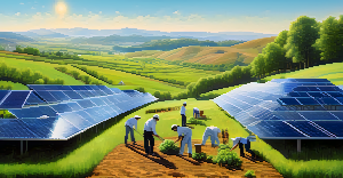 A landscape with solar panels, green hills, and a group of people planting trees.