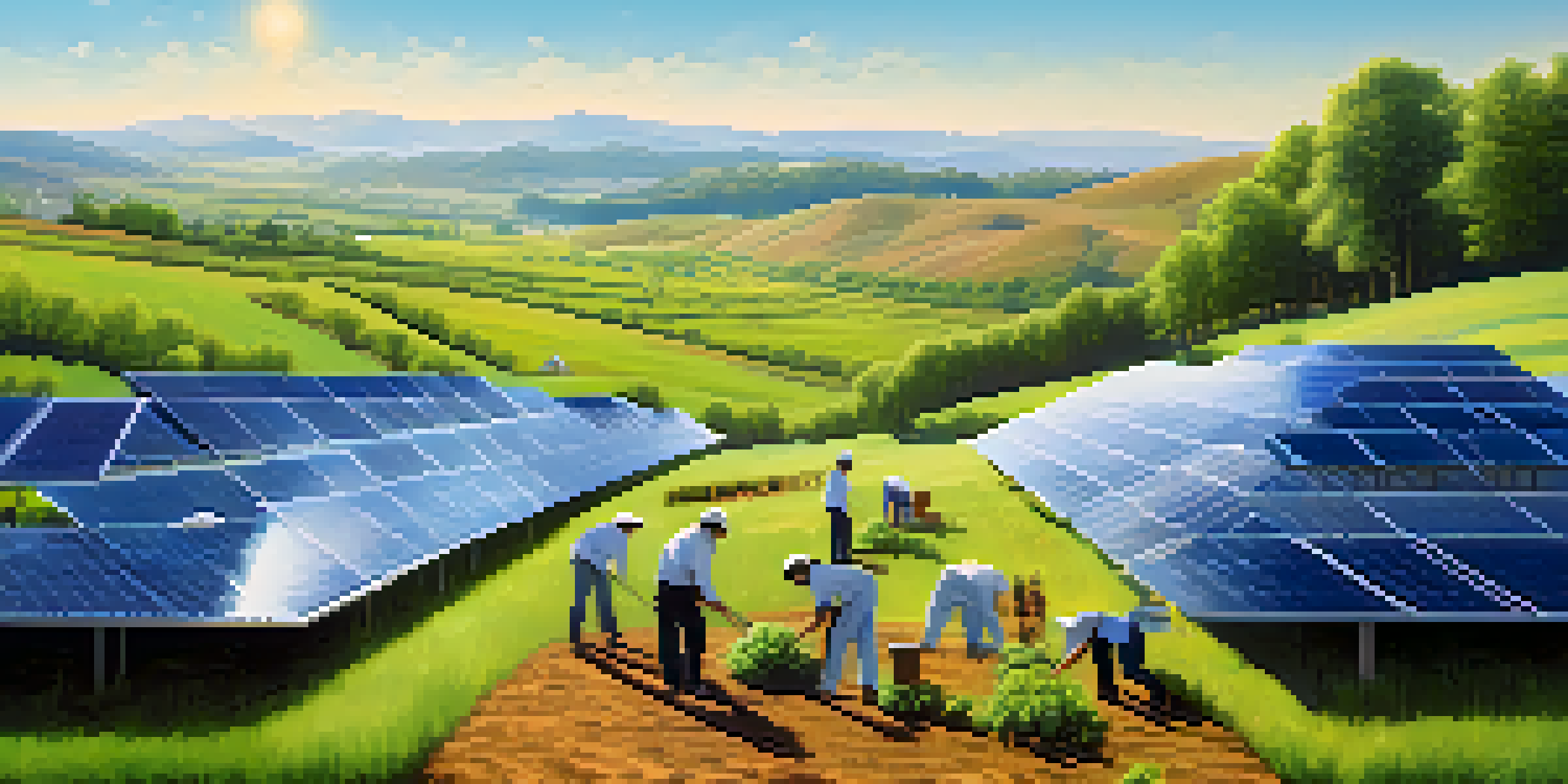 A landscape with solar panels, green hills, and a group of people planting trees.