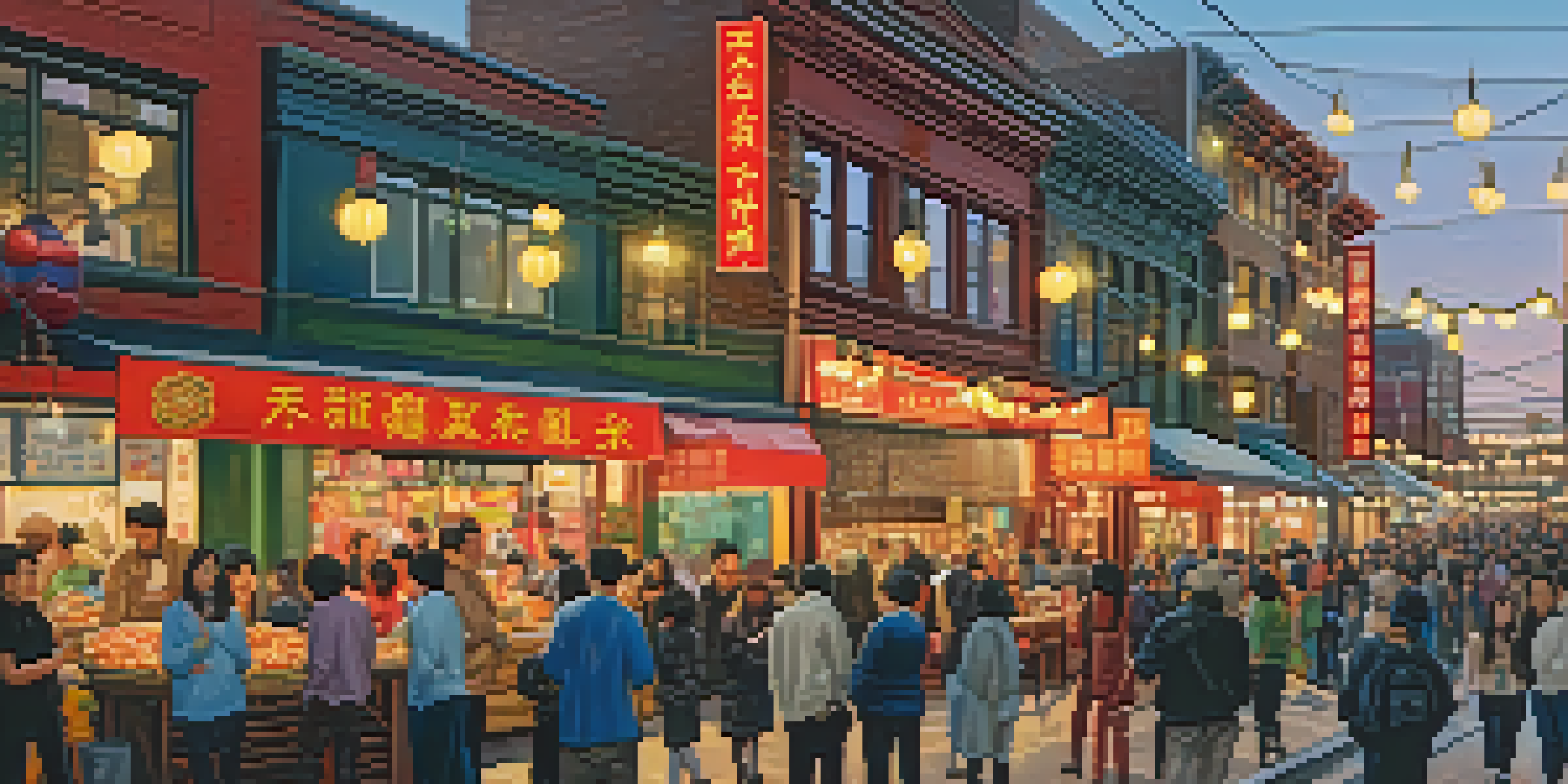 A lively street view of Seattle's Chinatown-International District with colorful murals and people dining outside.