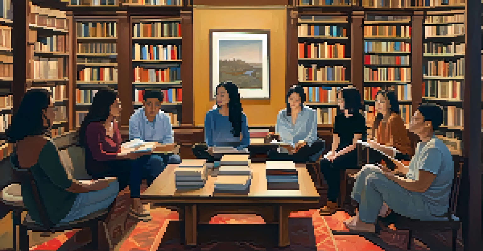 A cozy bookstore in Seattle with diverse authors sharing their stories in an intimate reading event, warm lighting, and bookshelves in the background.