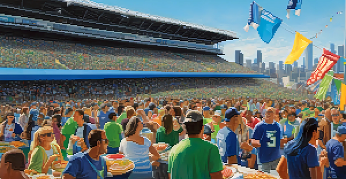 A lively Seattle game day scene with fans wearing Seahawks jerseys, colorful banners, and food vendors.
