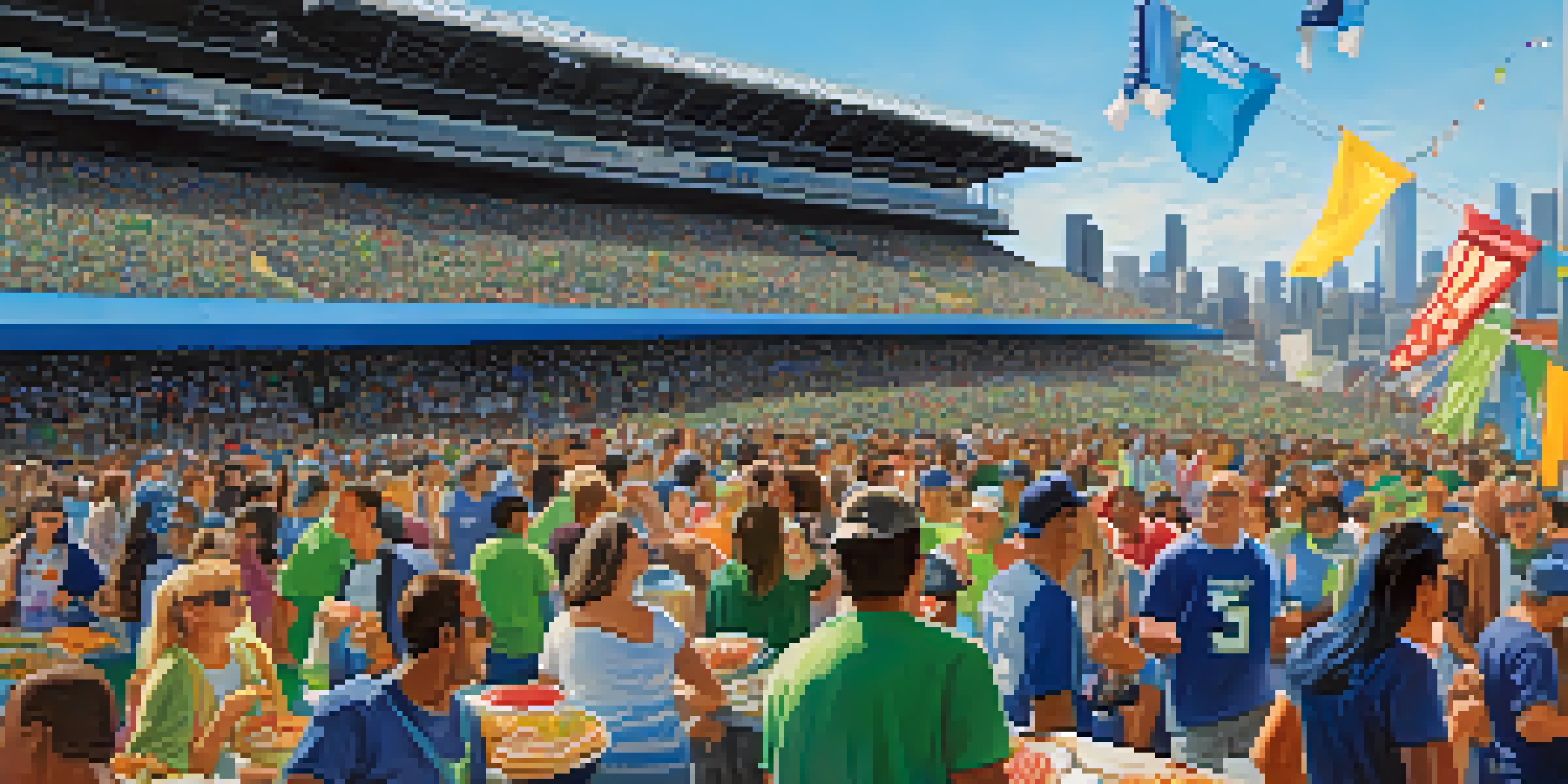 A lively Seattle game day scene with fans wearing Seahawks jerseys, colorful banners, and food vendors.