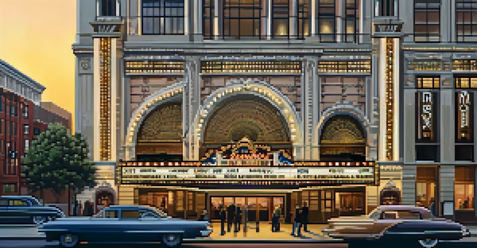 The exterior of the Paramount Theatre with its Art Deco design and marquee, people gathering outside at sunset.